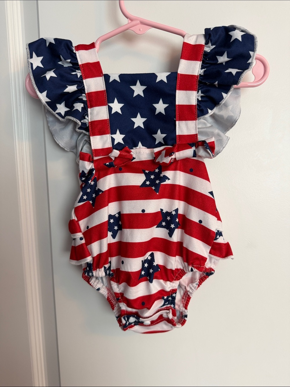 Patriotic Stars Stripes Baby Romper Ruffle Flutter Sleeves 4th of July 0-3M